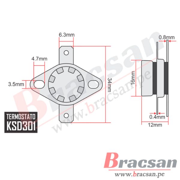 SENSOR TERMOSTATO PROTECTOR TERMICO 200°C NC NORMALMENTE CERRADO KSD301-200C - Imagen 2