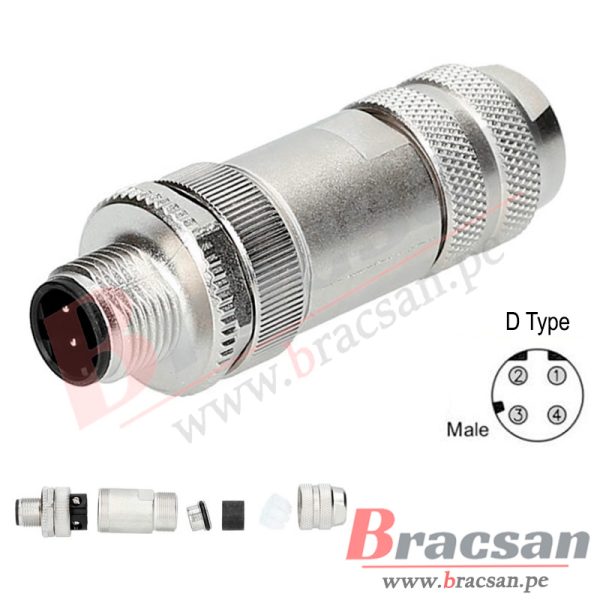CONECTOR M12 RECTO DE 4 PINES MACHO TIPO D ETHERNET METALICO PG9 BS CONNECTOR M12-4DMR-M
