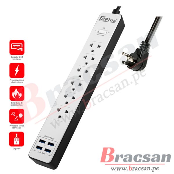 SUPRESOR DE PICO 6 TOMAS + 4 PUERTOS USB CON CABLE 1.8MT A⁺PLUS PLUSCHARGER 2-15A-18M