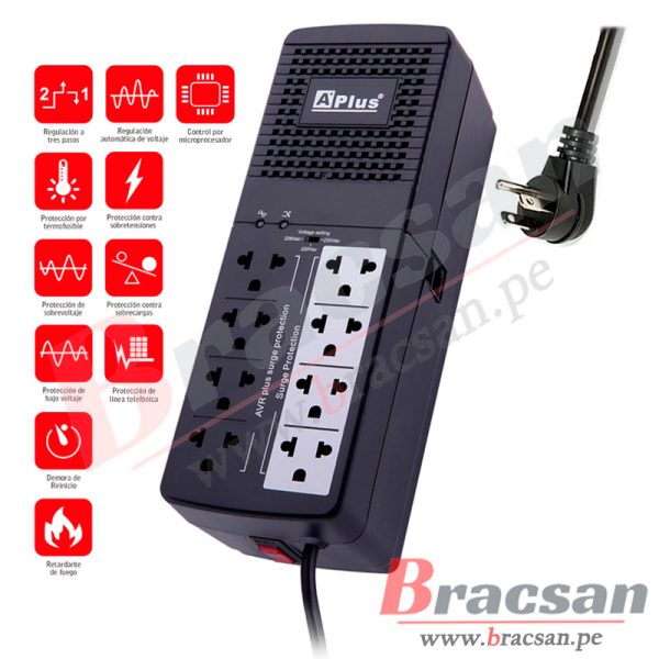ESTABILIZADOR AVR 8 TOMAS 1000VA 500W CON CABLE 1.5MT A⁺PLUS PLUSSHIELD 3-1000UN