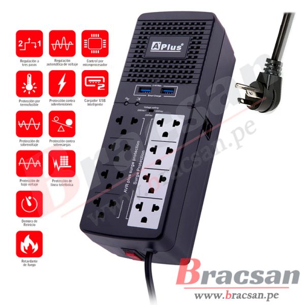 ESTABILIZADOR AVR 8 TOMAS + 2 PUERTOS USB 1000VA 500W CON CABLE 1.5MT A⁺PLUS PLUSSHIELD 4-1000UN
