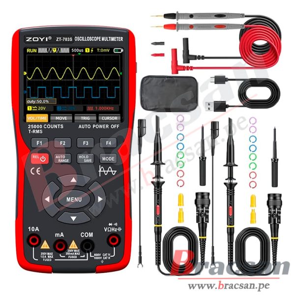 OSCILOSCOPIO PORTATIL 2 CANALES 50 MHZ, GENERADOR DE SEÑAL, MULTIMETRO DIGITAL AC/DC ZOYI ZT-703S