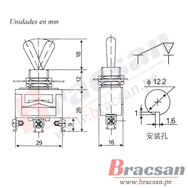 INTERRUPTOR SWITCH CODILLO DE BAQUELITA CON PALANCA 3 PINES ON-OFF-ON 15A 250VAC SAIWEN TEN1122 - Imagen 2